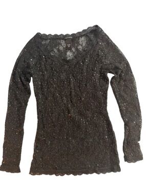 Vintage 90s Moda International Sheer Black Lace SequinTop-Long Sleeve Size M